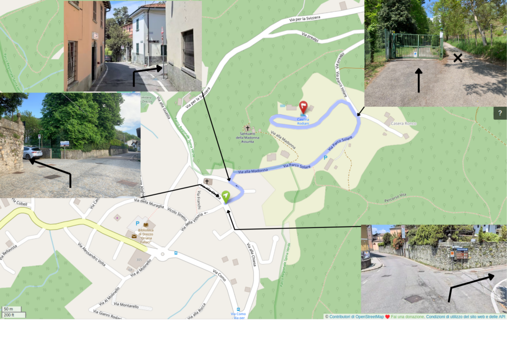 una mappa con foto delle intersezioni e frecce che indicano come arrivare a Cascina Rodiani